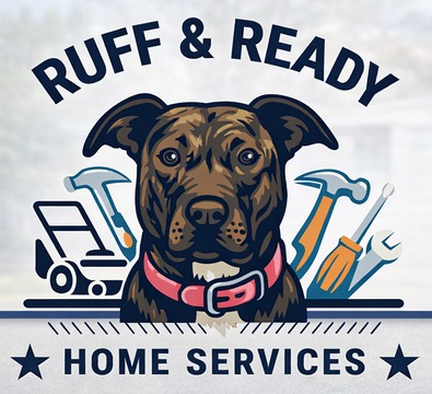Ruff and Ready Home Services logo: a brindle pit bull in a pink collar surrounded by a mower, hammer, screwdriver and wrench