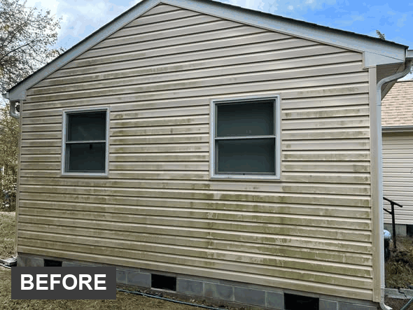 Animated before and after: green, algae-streaked siding wipes away to clean, bright siding after a soft wash