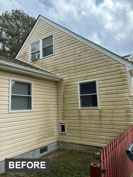 Animated before and after: algae on a two-story home's siding wipes away to clean siding